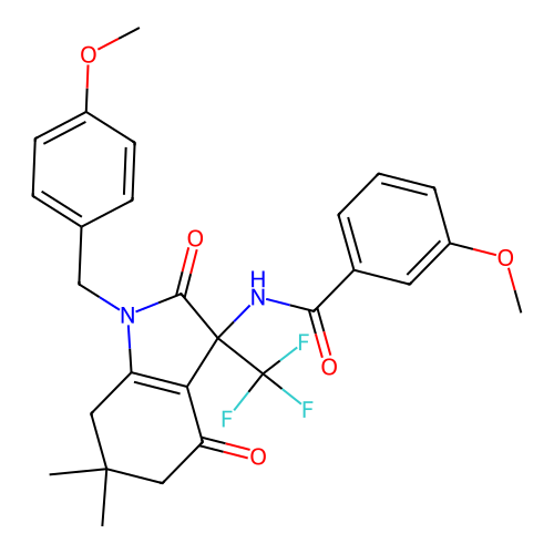 3-methoxy-N-(1-(4-methoxybenzyl)-6,6-dimethyl-2,4-dioxo-3-(trifluoromethyl)-2,3,4,5,6,7-hexahydro-1H-indol-3-yl)benzamide structure
