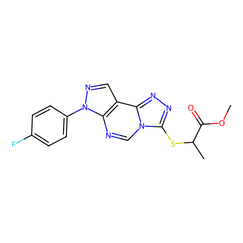 methyl 2-((7-(4-fluorophenyl)-7H-pyrazolo[4,3-e][1,2,4]triazolo[4,3-c]pyrimidin-3-yl)thio)propanoate structure