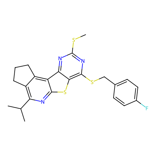 7-((4-fluorobenzyl)thio)-4-isopropyl-9-(methylthio)-2,3-dihydro-1H-cyclopenta[4',5']pyrido[3',2':4,5]thieno[3,2-d]pyrimidine structure