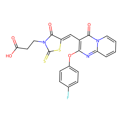 3-[(5Z)-5-{[2-(4-fluorophenoxy)-4-oxo-4H-pyrido[1,2-a]pyrimidin-3-yl]methylidene}-4-oxo-2-thioxo-1,3-thiazolidin-3-yl]propanoic acid structure