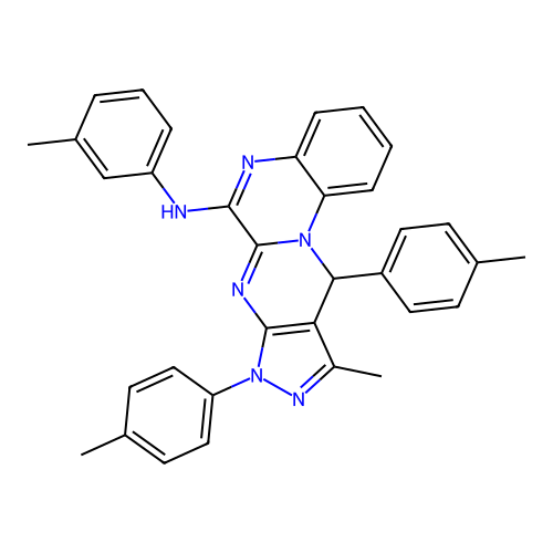 10-methyl-N-(3-methylphenyl)-8,11-bis(4-methylphenyl)-8,11-dihydropyrazolo[3',4':4,5]pyrimido[1,2-a]quinoxalin-6-amine structure