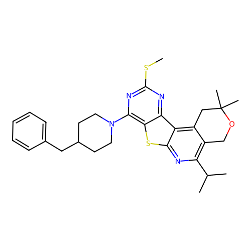 8-(4-benzylpiperidin-1-yl)-2,2-dimethyl-10-(methylsulfanyl)-5-(propan-2-yl)-1,4-dihydro-2H-pyrano[4'',3'':4',5']pyrido[3',2':4,5]thieno[3,2-d]pyrimidine structure