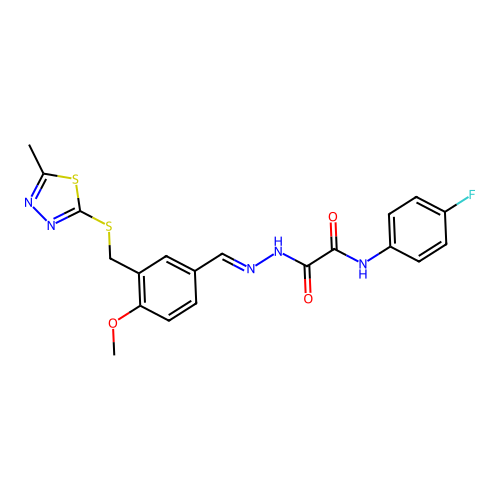 (E)-N-(4-fluorophenyl)-2-(2-(4-methoxy-3-(((5-methyl-1,3,4-thiadiazol-2-yl)thio)methyl)benzylidene)hydrazinyl)-2-oxoacetamide structure