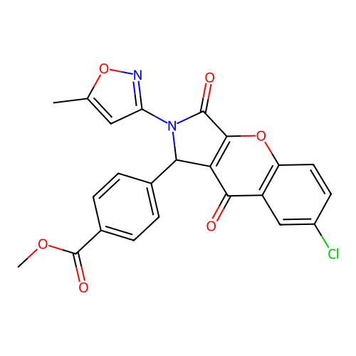 methyl 4-(7-chloro-2-(5-methylisoxazol-3-yl)-3,9-dioxo-1,2,3,9-tetrahydrochromeno[2,3-c]pyrrol-1-yl)benzoate structure