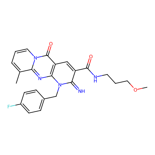 {1-[(4-fluorophenyl)methyl]-2-imino-10-methyl-5-oxo(1,6-dihydropyridino[2,3-d] pyridino[1,2-a]pyrimidin-3-yl)}-N-(3-methoxypropyl)carboxamide structure