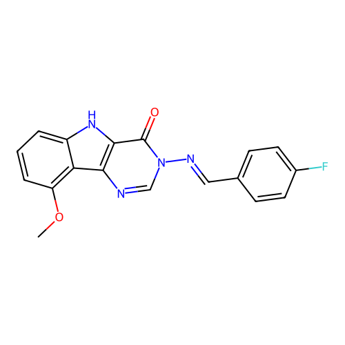 (E)-3-((4-fluorobenzylidene)amino)-9-methoxy-3H-pyrimido[5,4-b]indol-4(5H)-one structure
