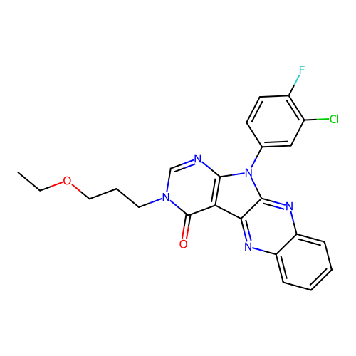 11-(3-chloro-4-fluorophenyl)-3-(3-ethoxypropyl)-3,11-dihydro-4H-pyrimido[5',4':4,5]pyrrolo[2,3-b]quinoxalin-4-one structure