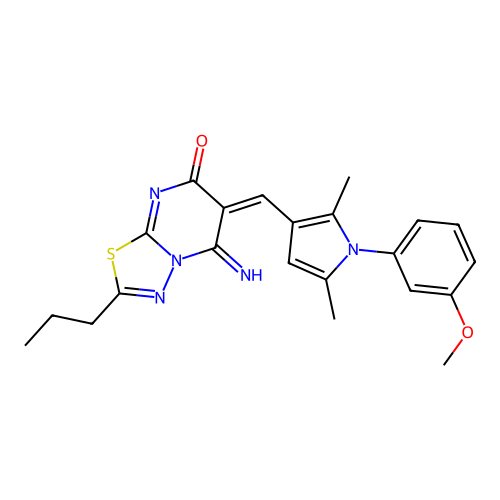 (6E)-5-imino-6-[[1-(3-methoxyphenyl)-2,5-dimethylpyrrol-3-yl]methylidene]-2-propyl-[1,3,4]thiadiazolo[3,2-a]pyrimidin-7-one structure