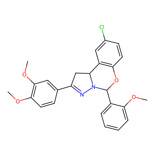 9-chloro-2-(3,4-dimethoxyphenyl)-5-(2-methoxyphenyl)-1,10b-dihydropyrazolo[1,5-c][1,3]benzoxazine structure