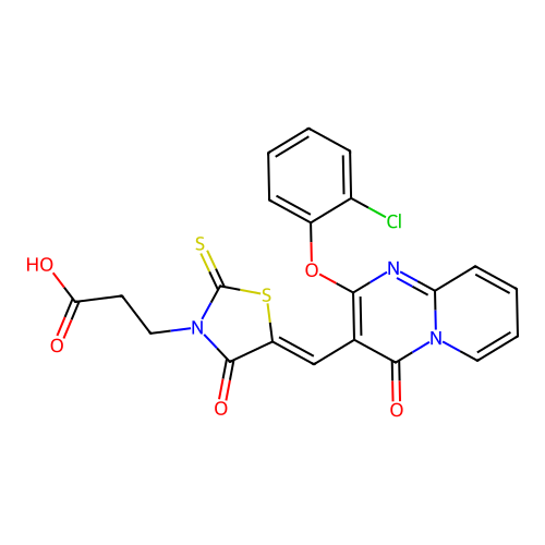 3-[(5Z)-5-{[2-(2-chlorophenoxy)-4-oxo-4H-pyrido[1,2-a]pyrimidin-3-yl]methylidene}-4-oxo-2-thioxo-1,3-thiazolidin-3-yl]propanoic acid structure