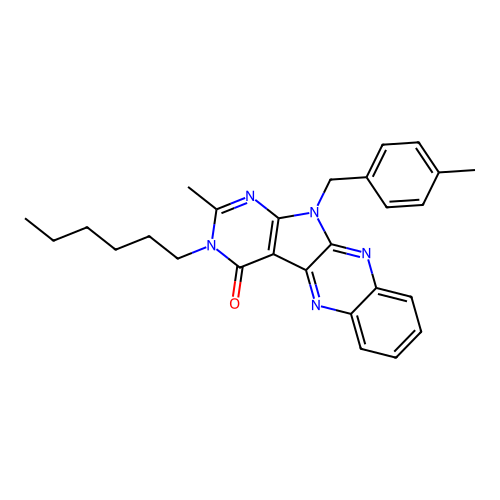 3-hexyl-2-methyl-11-(4-methylbenzyl)-3,11-dihydro-4H-pyrimido[5',4':4,5]pyrrolo[2,3-b]quinoxalin-4-one structure