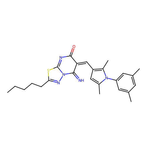 (6E)-6-[[1-(3,5-dimethylphenyl)-2,5-dimethylpyrrol-3-yl]methylidene]-5-imino-2-pentyl-[1,3,4]thiadiazolo[3,2-a]pyrimidin-7-one structure
