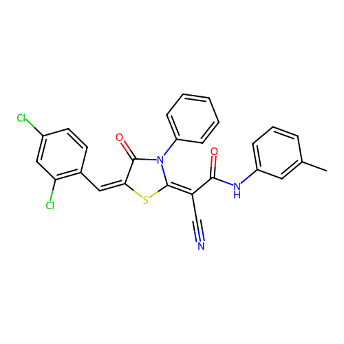 (2E)-2-cyano-2-[(5E)-5-[(2,4-dichlorophenyl)methylidene]-4-oxo-3-phenyl-1,3-thiazolidin-2-ylidene]-N-(3-methylphenyl)acetamide structure