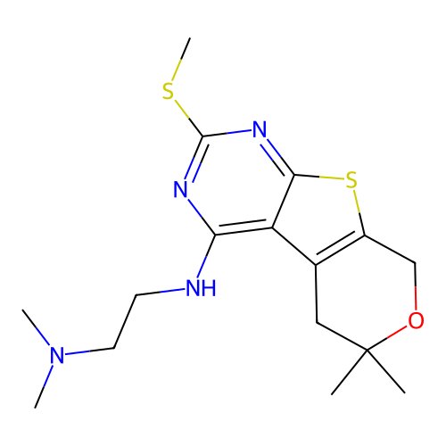 N'-[6,6-dimethyl-2-(methylsulfanyl)-5,8-dihydro-6H-pyrano[4',3':4,5]thieno[2,3-d]pyrimidin-4-yl]-N,N-dimethylethane-1,2-diamine structure