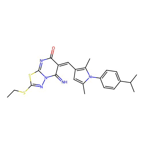 (6E)-6-({2,5-dimethyl-1-[4-(propan-2-yl)phenyl]-1H-pyrrol-3-yl}methylidene)-2-(ethylsulfanyl)-5-imino-5,6-dihydro-7H-[1,3,4]thiadiazolo[3,2-a]pyrimidin-7-one structure