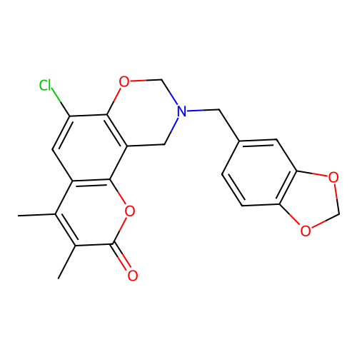 9-(1,3-benzodioxol-5-ylmethyl)-6-chloro-3,4-dimethyl-9,10-dihydro-2H,8H-chromeno[8,7-e][1,3]oxazin-2-one structure