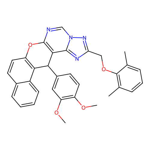 14-(3,4-dimethoxyphenyl)-2-[(2,6-dimethylphenoxy)methyl]-14H-benzo[5,6]chromeno[3,2-e][1,2,4]triazolo[1,5-c]pyrimidine structure