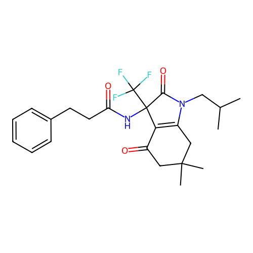 N-[6,6-dimethyl-1-(2-methylpropyl)-2,4-dioxo-3-(trifluoromethyl)-2,3,4,5,6,7-hexahydro-1H-indol-3-yl]-3-phenylpropanamide structure