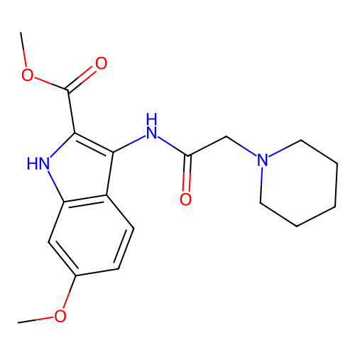 methyl 6-methoxy-3-[(piperidin-1-ylacetyl)amino]-1H-indole-2-carboxylate structure