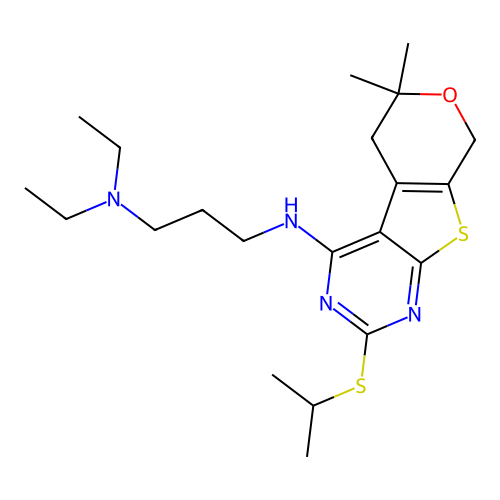 N'-[6,6-dimethyl-2-(propan-2-ylsulfanyl)-5,8-dihydro-6H-pyrano[4',3':4,5]thieno[2,3-d]pyrimidin-4-yl]-N,N-diethylpropane-1,3-diamine structure