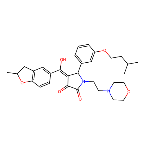 (4E)-4-[hydroxy-(2-methyl-2,3-dihydro-1-benzofuran-5-yl)methylidene]-5-[3-(3-methylbutoxy)phenyl]-1-(2-morpholin-4-ylethyl)pyrrolidine-2,3-dione structure