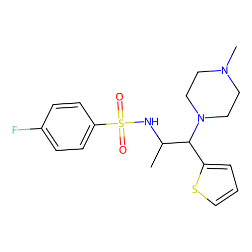 4-fluoro-N-[1-(4-methylpiperazin-1-yl)-1-thiophen-2-ylpropan-2-yl]benzenesulfonamide structure
