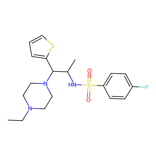N-(1-(4-ethylpiperazin-1-yl)-1-(thiophen-2-yl)propan-2-yl)-4-fluorobenzenesulfonamide structure