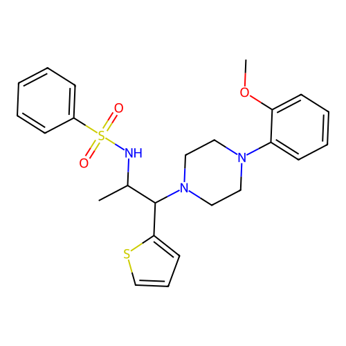 N-[1-[4-(2-methoxyphenyl)-1-piperazinyl]-1-thiophen-2-ylpropan-2-yl]benzenesulfonamide structure