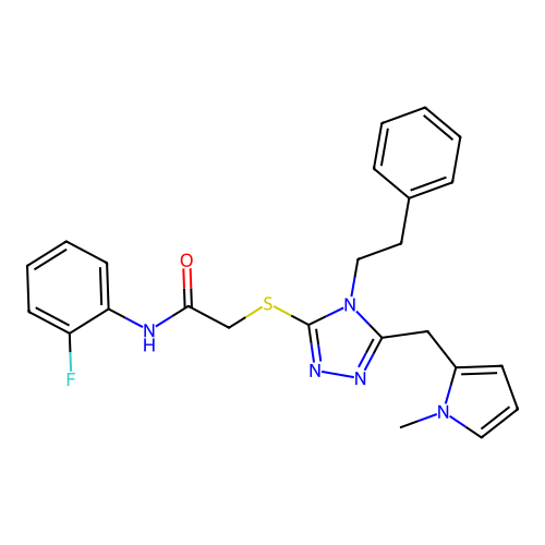 N-(2-fluorophenyl)-2-((5-((1-methyl-1H-pyrrol-2-yl)methyl)-4-phenethyl-4H-1,2,4-triazol-3-yl)thio)acetamide structure