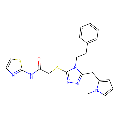 2-({5-[(1-methyl-1H-pyrrol-2-yl)methyl]-4-(2-phenylethyl)-4H-1,2,4-triazol-3-yl}sulfanyl)-N-(1,3-thiazol-2-yl)acetamide structure