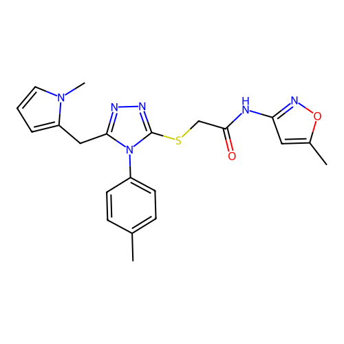 2-((5-((1-methyl-1H-pyrrol-2-yl)methyl)-4-(p-tolyl)-4H-1,2,4-triazol-3-yl)thio)-N-(5-methylisoxazol-3-yl)acetamide structure