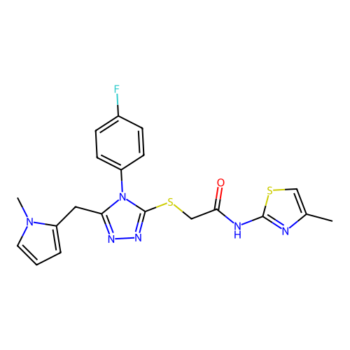2-((4-(4-fluorophenyl)-5-((1-methyl-1H-pyrrol-2-yl)methyl)-4H-1,2,4-triazol-3-yl)thio)-N-(4-methylthiazol-2-yl)acetamide structure