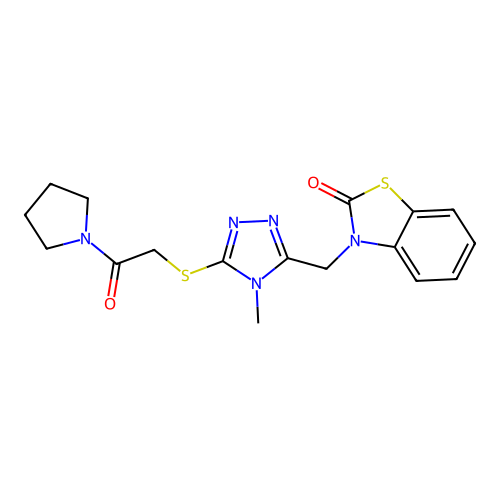 3-((4-methyl-5-((2-oxo-2-(pyrrolidin-1-yl)ethyl)thio)-4H-1,2,4-triazol-3-yl)methyl)benzo[d]thiazol-2(3H)-one structure