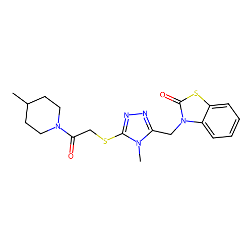 3-((4-methyl-5-((2-(4-methylpiperidin-1-yl)-2-oxoethyl)thio)-4H-1,2,4-triazol-3-yl)methyl)benzo[d]thiazol-2(3H)-one structure