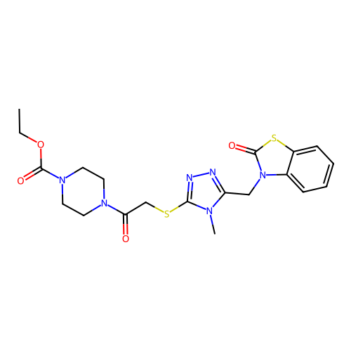 ethyl 4-(2-((4-methyl-5-((2-oxobenzo[d]thiazol-3(2H)-yl)methyl)-4H-1,2,4-triazol-3-yl)thio)acetyl)piperazine-1-carboxylate structure