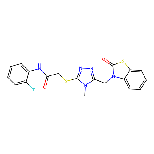 N-(2-fluorophenyl)-2-[[4-methyl-5-[(2-oxo-1,3-benzothiazol-3-yl)methyl]-1,2,4-triazol-3-yl]sulfanyl]acetamide structure