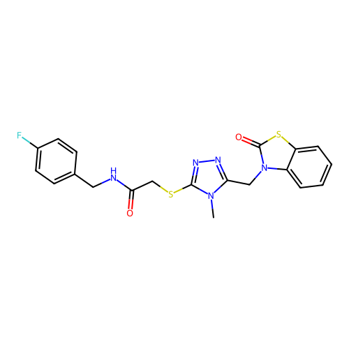 N-[(4-fluorophenyl)methyl]-2-[[4-methyl-5-[(2-oxo-1,3-benzothiazol-3-yl)methyl]-1,2,4-triazol-3-yl]sulfanyl]acetamide structure