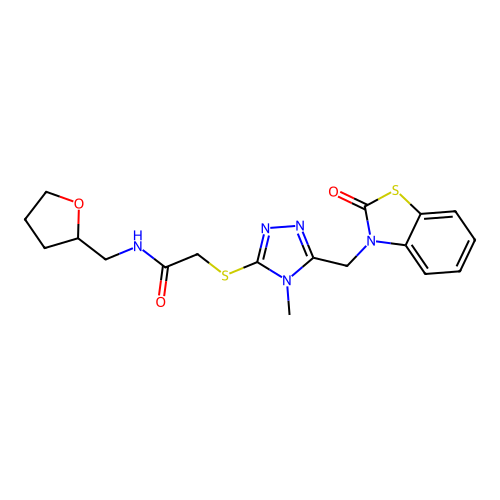 2-((4-methyl-5-((2-oxobenzo[d]thiazol-3(2H)-yl)methyl)-4H-1,2,4-triazol-3-yl)thio)-N-((tetrahydrofuran-2-yl)methyl)acetamide structure