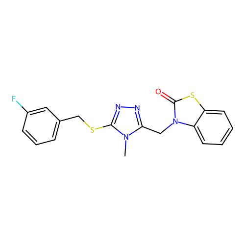 3-((5-((3-fluorobenzyl)thio)-4-methyl-4H-1,2,4-triazol-3-yl)methyl)benzo[d]thiazol-2(3H)-one structure