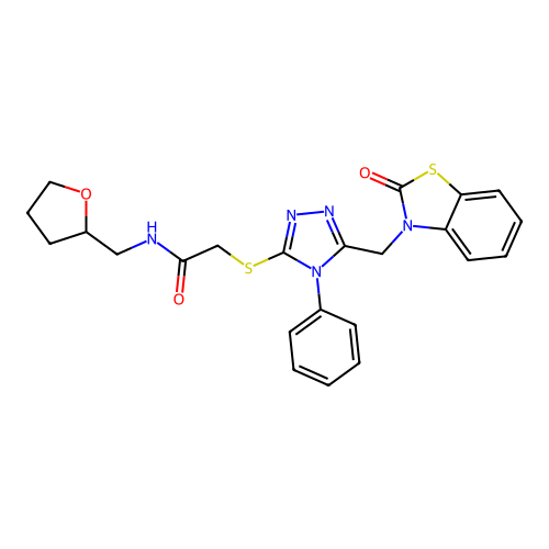 2-((5-((2-oxobenzo[d]thiazol-3(2H)-yl)methyl)-4-phenyl-4H-1,2,4-triazol-3-yl)thio)-N-((tetrahydrofuran-2-yl)methyl)acetamide structure