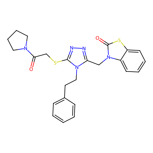 3-[(5-{[2-oxo-2-(pyrrolidin-1-yl)ethyl]sulfanyl}-4-(2-phenylethyl)-4H-1,2,4-triazol-3-yl)methyl]-2,3-dihydro-1,3-benzothiazol-2-one structure
