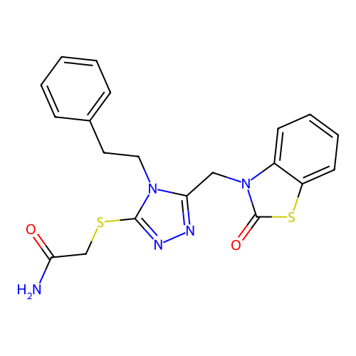2-({5-[(2-oxo-2,3-dihydro-1,3-benzothiazol-3-yl)methyl]-4-(2-phenylethyl)-4H-1,2,4-triazol-3-yl}sulfanyl)acetamide structure