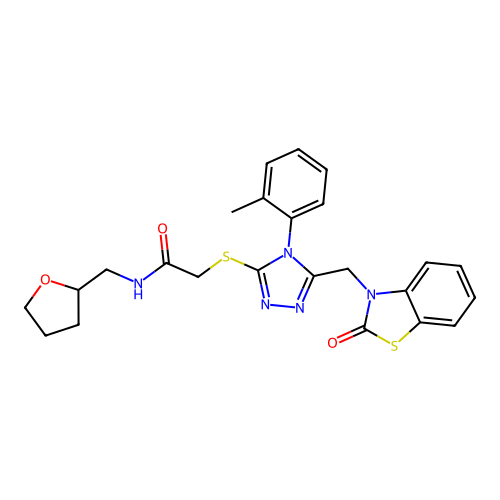 2-((5-((2-oxobenzo[d]thiazol-3(2H)-yl)methyl)-4-(o-tolyl)-4H-1,2,4-triazol-3-yl)thio)-N-((tetrahydrofuran-2-yl)methyl)acetamide structure