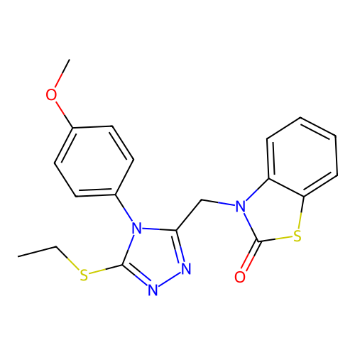 3-[[5-ethylsulfanyl-4-(4-methoxyphenyl)-1,2,4-triazol-3-yl]methyl]-1,3-benzothiazol-2-one structure