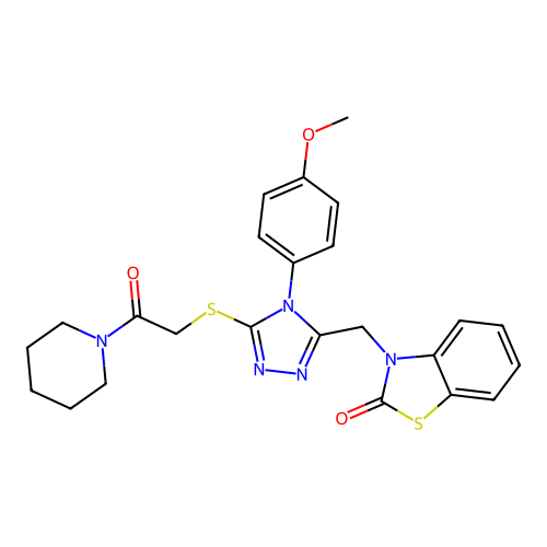 3-((4-(4-methoxyphenyl)-5-((2-oxo-2-(piperidin-1-yl)ethyl)thio)-4H-1,2,4-triazol-3-yl)methyl)benzo[d]thiazol-2(3H)-one structure