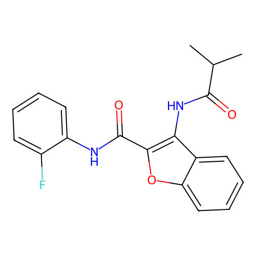 N-(2-fluorophenyl)-3-isobutyramidobenzofuran-2-carboxamide structure