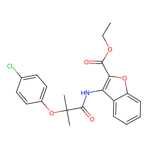 Ethyl 3-(2-(4-chlorophenoxy)-2-methylpropanamido)benzofuran-2-carboxylate structure