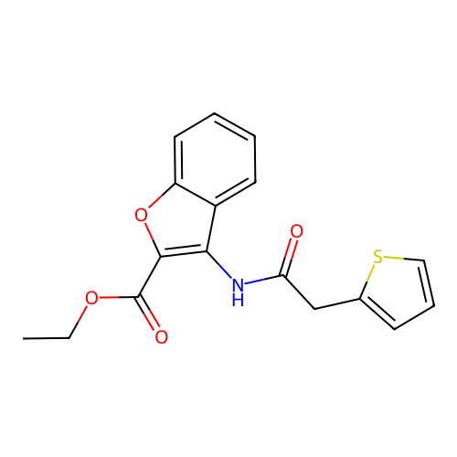 Ethyl 3-(2-(thiophen-2-yl)acetamido)benzofuran-2-carboxylate structure
