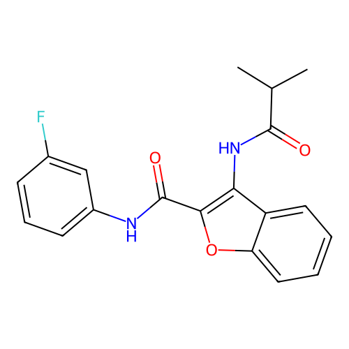 N-(3-fluorophenyl)-3-isobutyramidobenzofuran-2-carboxamide structure