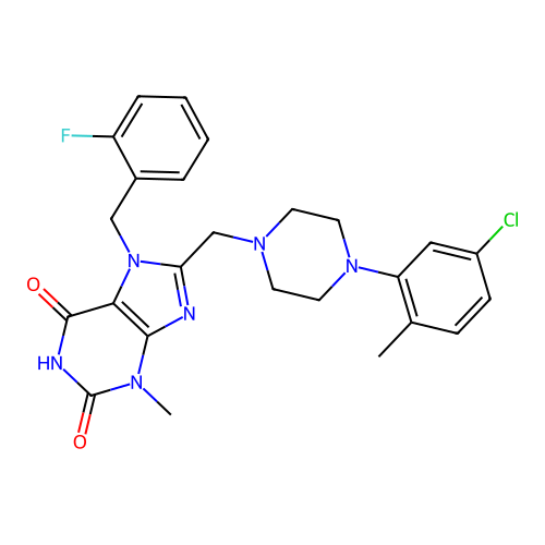 8-[[4-(5-chloro-2-methylphenyl)piperazin-1-yl]methyl]-7-[(2-fluorophenyl)methyl]-3-methylpurine-2,6-dione structure